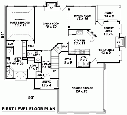 European House Plan 46485 with 3 Beds, 3 Baths, 2 Car Garage First Level Plan