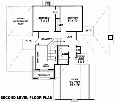 European House Plan 46485 with 3 Beds, 3 Baths, 2 Car Garage Second Level Plan