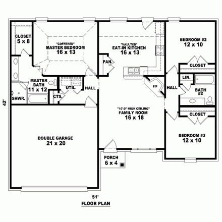 One-Story House Plan 46491 with 3 Beds, 2 Baths, 2 Car Garage First Level Plan