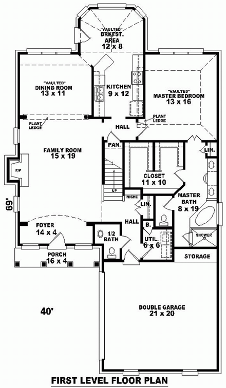 Narrow Lot, Traditional House Plan 46527 with 3 Beds, 3 Baths, 2 Car Garage First Level Plan