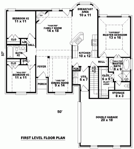 One-Story, Traditional House Plan 46545 with 3 Beds, 2 Baths, 2 Car Garage First Level Plan