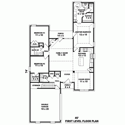 Narrow Lot, One-Story, Traditional House Plan 46560 with 3 Beds, 2 Baths, 2 Car Garage First Level Plan