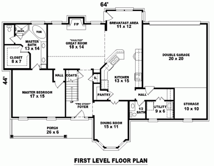 Traditional House Plan 46568 with 4 Beds, 4 Baths, 2 Car Garage First Level Plan