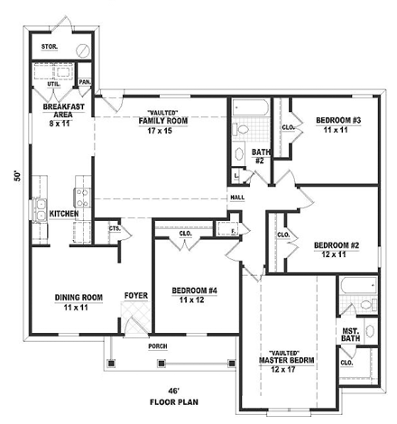 One-Story, Ranch House Plan 46570 with 4 Beds, 2 Baths First Level Plan
