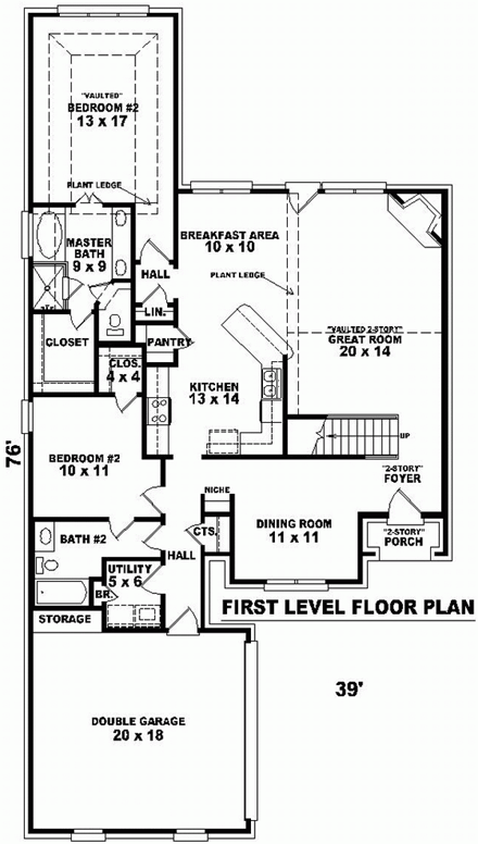European, Narrow Lot House Plan 46589 with 4 Beds, 3 Baths, 2 Car Garage First Level Plan