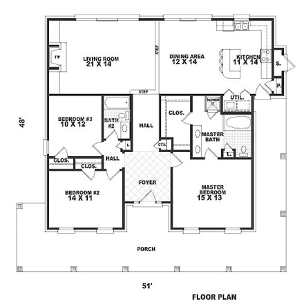 Country, One-Story House Plan 46604 with 3 Beds, 2 Baths First Level Plan