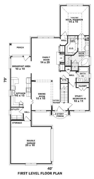 Narrow Lot, Tudor House Plan 46618 with 5 Beds, 3 Baths, 2 Car Garage First Level Plan