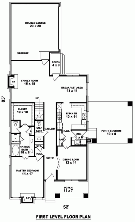 Tudor House Plan 46621 with 4 Beds, 3 Baths, 2 Car Garage First Level Plan