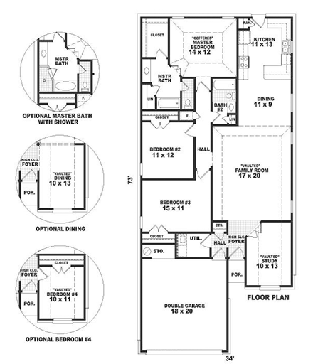 Narrow Lot, One-Story, Traditional House Plan 46633 with 3 Beds, 2 Baths, 2 Car Garage First Level Plan