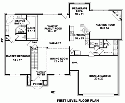Colonial House Plan 46648 with 4 Beds, 4 Baths, 2 Car Garage First Level Plan