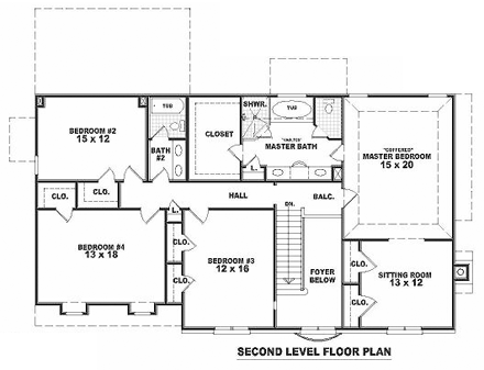 Tudor House Plan 46680 with 4 Beds, 3 Baths, 2 Car Garage Second Level Plan