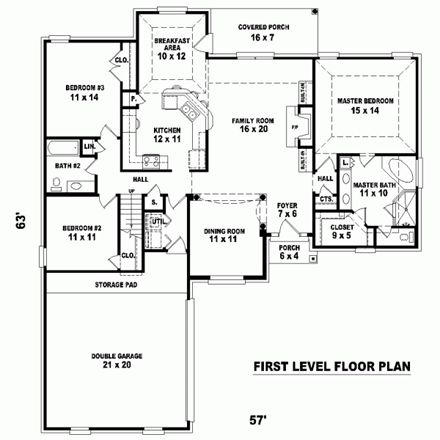 One-Story House Plan 46701 with 3 Beds, 2 Baths, 2 Car Garage First Level Plan
