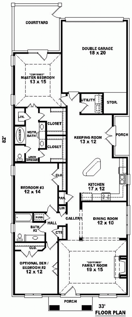 Colonial, Narrow Lot, One-Story House Plan 46717 with 2 Beds, 2 Baths, 2 Car Garage First Level Plan