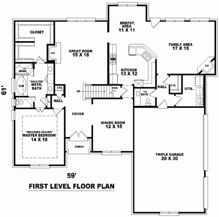 Traditional House Plan 46741 with 4 Beds, 4 Baths, 3 Car Garage First Level Plan
