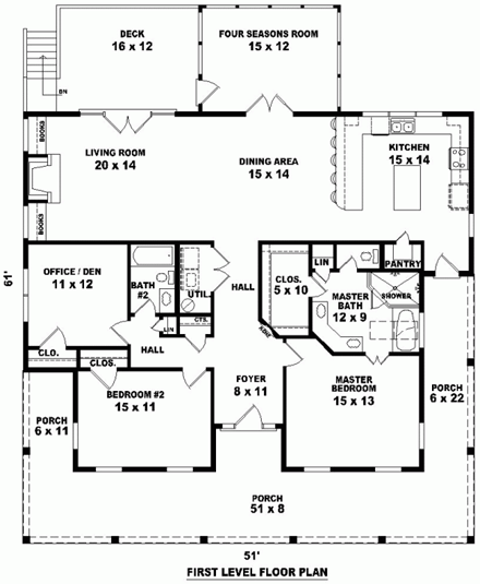 Country House Plan 46751 with 2 Beds, 2 Baths First Level Plan