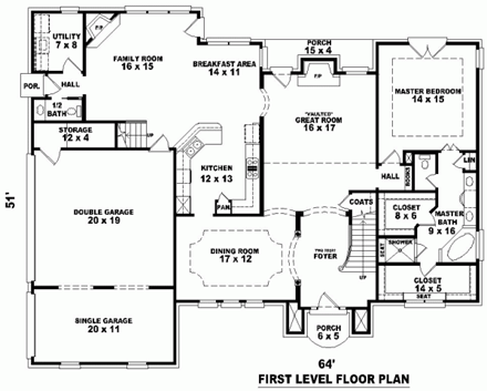 European House Plan 46752 with 4 Beds, 4 Baths, 3 Car Garage First Level Plan