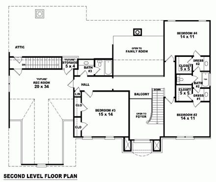 European House Plan 46752 with 4 Beds, 4 Baths, 3 Car Garage Second Level Plan
