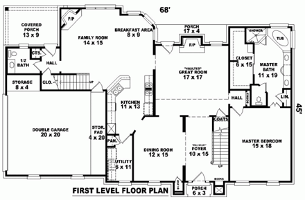 House Plan 46753 with 4 Beds, 4 Baths, 2 Car Garage First Level Plan