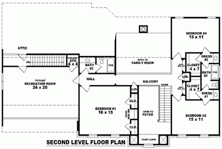 House Plan 46753 with 4 Beds, 4 Baths, 2 Car Garage Second Level Plan