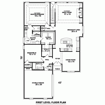 House Plan 46762 with 4 Beds, 3 Baths, 2 Car Garage First Level Plan