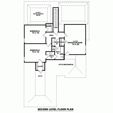 House Plan 46762 with 4 Beds, 3 Baths, 2 Car Garage Second Level Plan