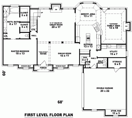 Colonial House Plan 46772 with 4 Beds, 4 Baths, 2 Car Garage First Level Plan