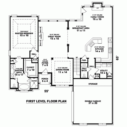 House Plan 46780 with 3 Beds, 3 Baths, 2 Car Garage First Level Plan