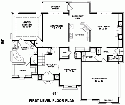 Tudor House Plan 46791 with 4 Beds, 4 Baths, 2 Car Garage First Level Plan