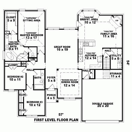 One-Story House Plan 46803 with 3 Beds, 2 Baths, 2 Car Garage First Level Plan