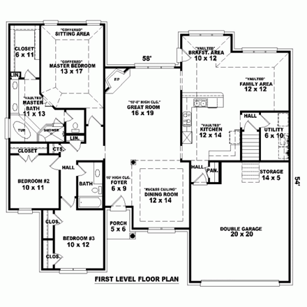 One-Story House Plan 46804 with 3 Beds, 2 Baths, 2 Car Garage First Level Plan