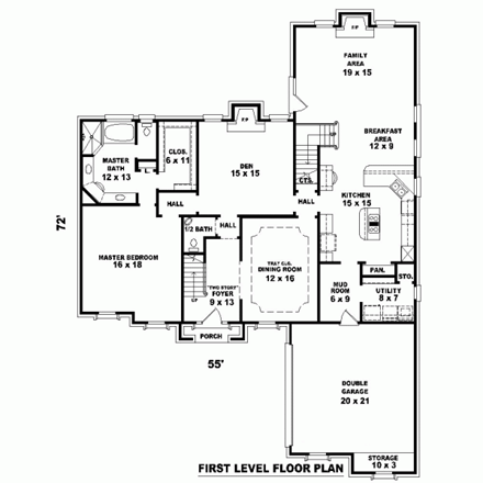 House Plan 46816 with 4 Beds, 4 Baths, 2 Car Garage First Level Plan