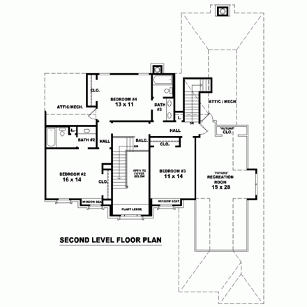 House Plan 46816 with 4 Beds, 4 Baths, 2 Car Garage Second Level Plan
