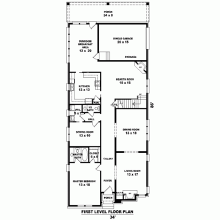 Narrow Lot House Plan 46822 with 3 Beds, 2 Baths, 1 Car Garage First Level Plan