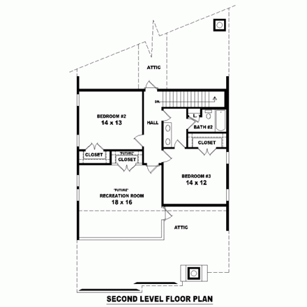 Narrow Lot House Plan 46822 with 3 Beds, 2 Baths, 1 Car Garage Second Level Plan
