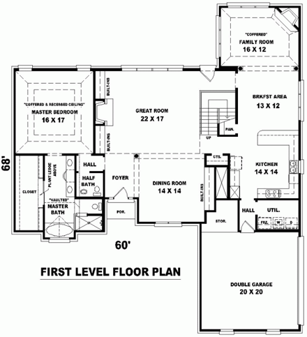 Traditional House Plan 46827 with 4 Beds, 4 Baths, 2 Car Garage First Level Plan