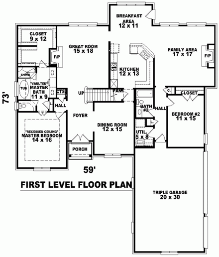 Traditional House Plan 46867 with 5 Beds, 5 Baths, 3 Car Garage First Level Plan