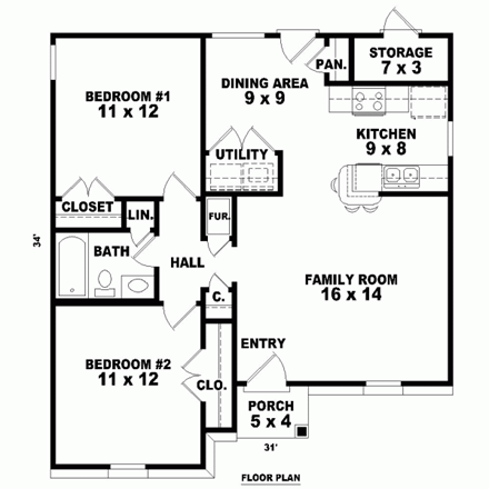 Narrow Lot, One-Story House Plan 46873 with 2 Beds, 1 Baths First Level Plan