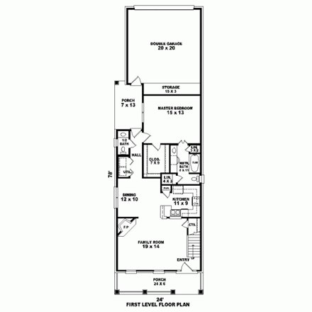 Narrow Lot House Plan 46883 with 3 Beds, 3 Baths, 2 Car Garage First Level Plan