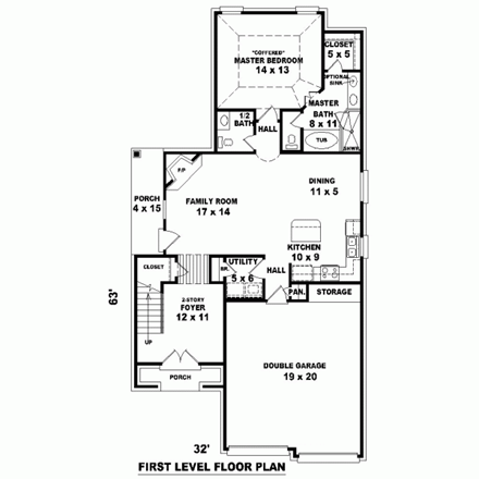 Narrow Lot House Plan 46886 with 4 Beds, 3 Baths, 2 Car Garage First Level Plan