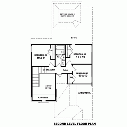 Narrow Lot House Plan 46886 with 4 Beds, 3 Baths, 2 Car Garage Second Level Plan