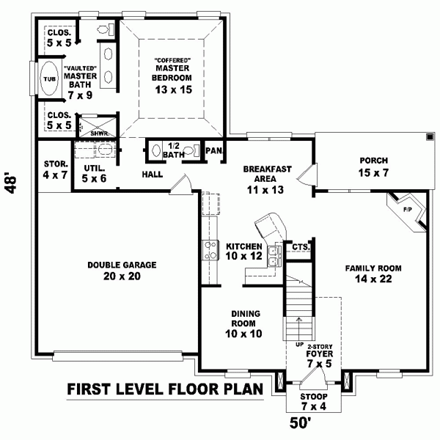 House Plan 46892 with 3 Beds, 3 Baths, 2 Car Garage First Level Plan