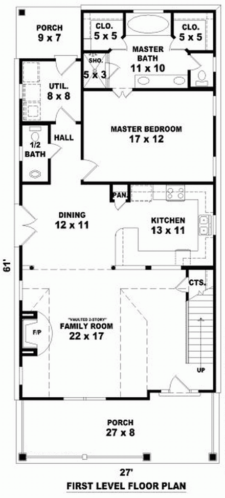 Narrow Lot House Plan 46902 with 3 Beds, 3 Baths First Level Plan