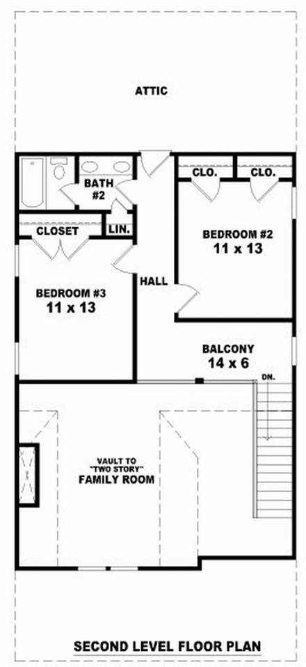 Narrow Lot House Plan 46902 with 3 Beds, 3 Baths Second Level Plan