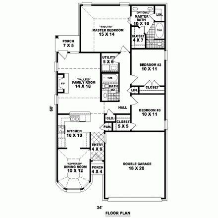Narrow Lot, One-Story House Plan 46925 with 3 Beds, 2 Baths, 2 Car Garage First Level Plan