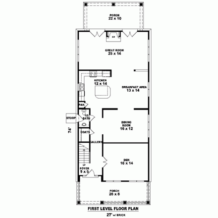 Narrow Lot House Plan 46927 with 3 Beds, 3 Baths First Level Plan
