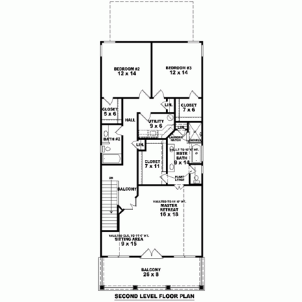 Narrow Lot House Plan 46927 with 3 Beds, 3 Baths Second Level Plan