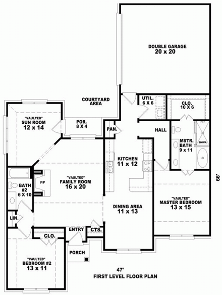 One-Story House Plan 46934 with 2 Beds, 2 Baths, 2 Car Garage First Level Plan