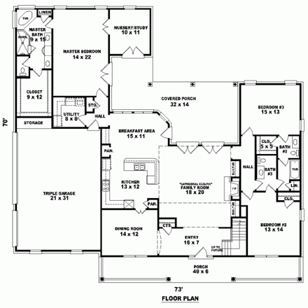 One-Story House Plan 46945 with 3 Beds, 3 Baths, 3 Car Garage First Level Plan