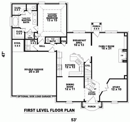 House Plan 46952 with 4 Beds, 3 Baths, 2 Car Garage First Level Plan