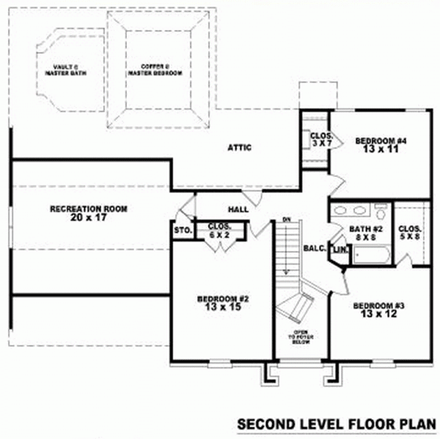 House Plan 46952 with 4 Beds, 3 Baths, 2 Car Garage Second Level Plan